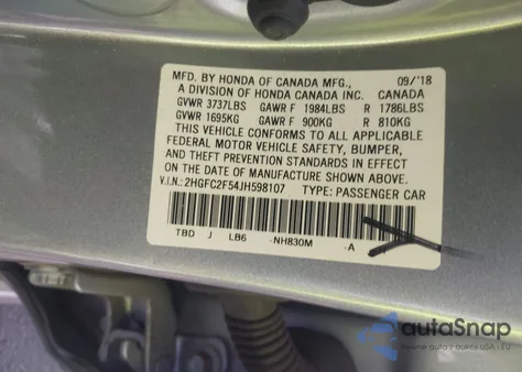 2018 Honda Civic Lx из США, поврежденный, VIN 2HGFC2F54JH598107